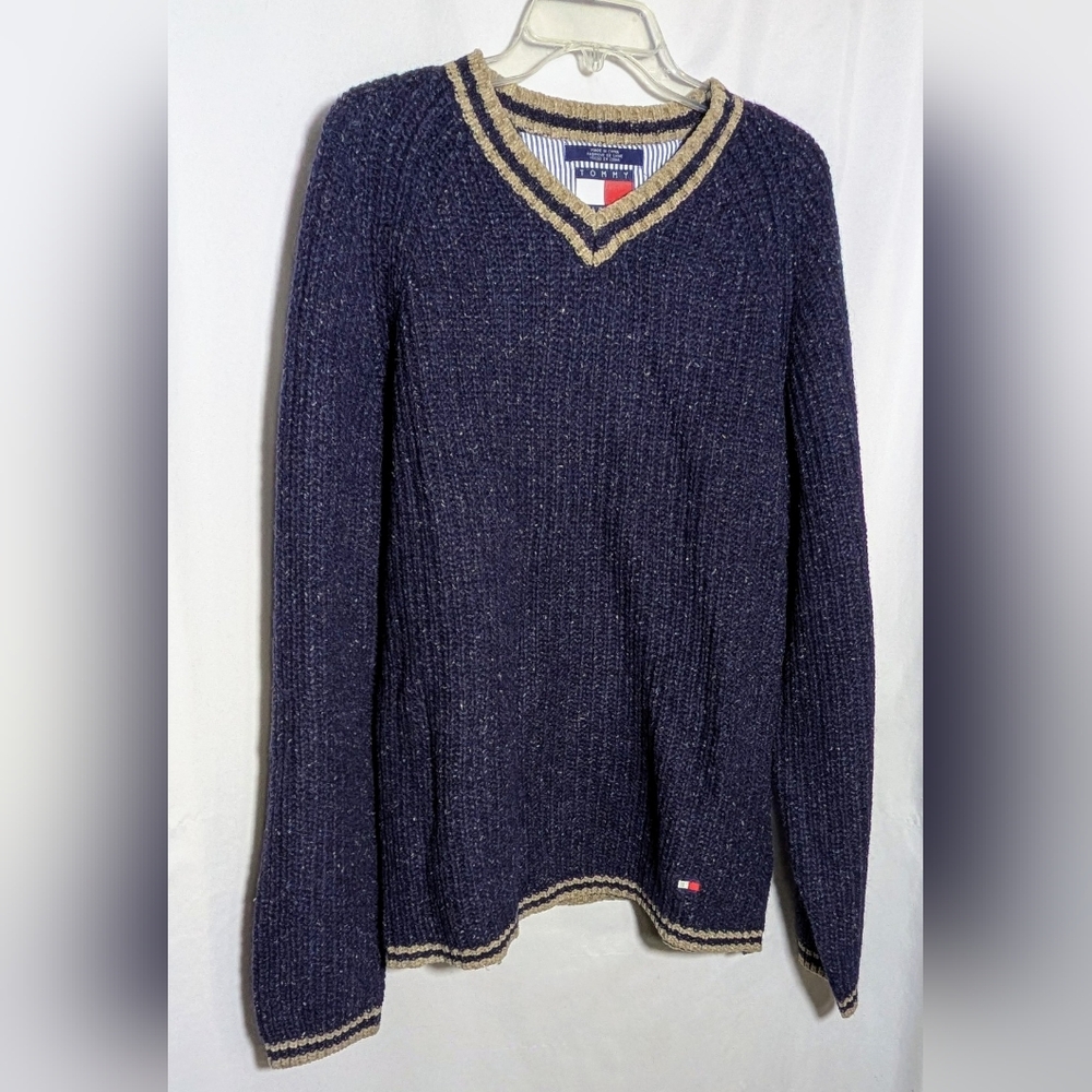 Men's‎ Y2K Tommy Hilfiger Heavy Blue & Tan Wool Blend V-neck Sweater | Size L